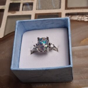 Silver Opal-Effect Statement Ring in Iridescent Blue-Green